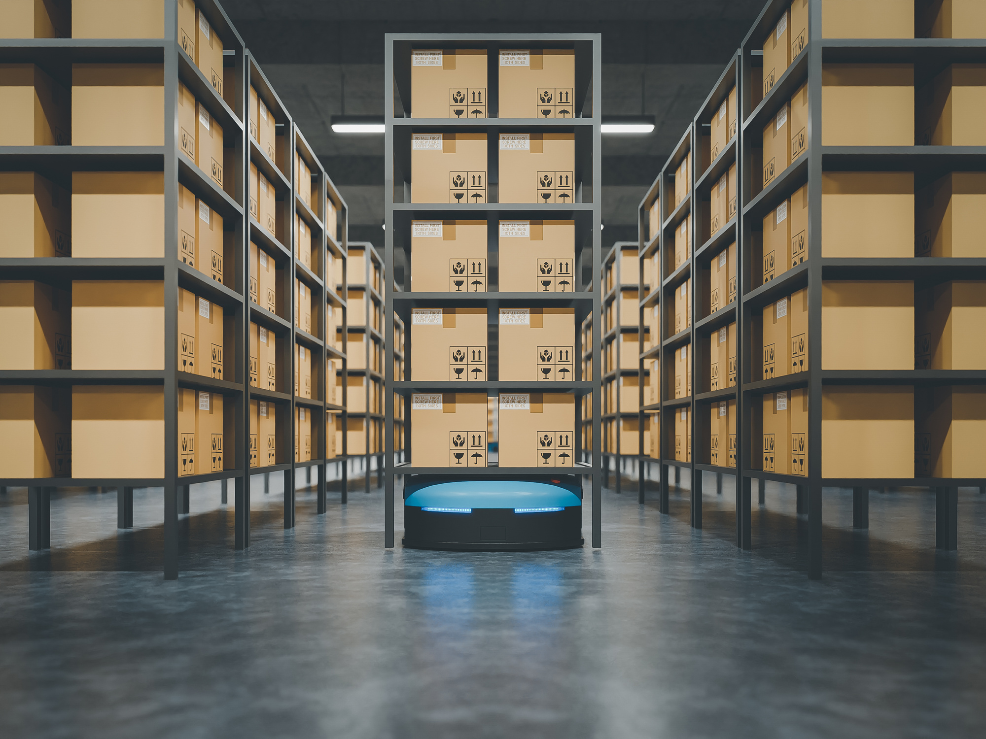 Automated warehouse AGV robots with delivering.